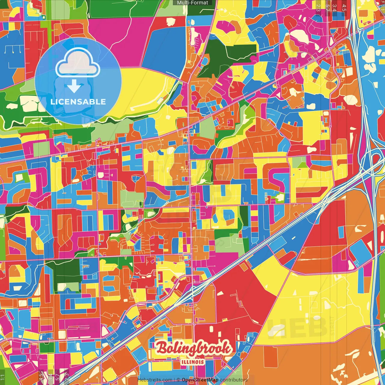 Bolingbrook, Illinois, United States Crazy Colorful Street Map Poster Template