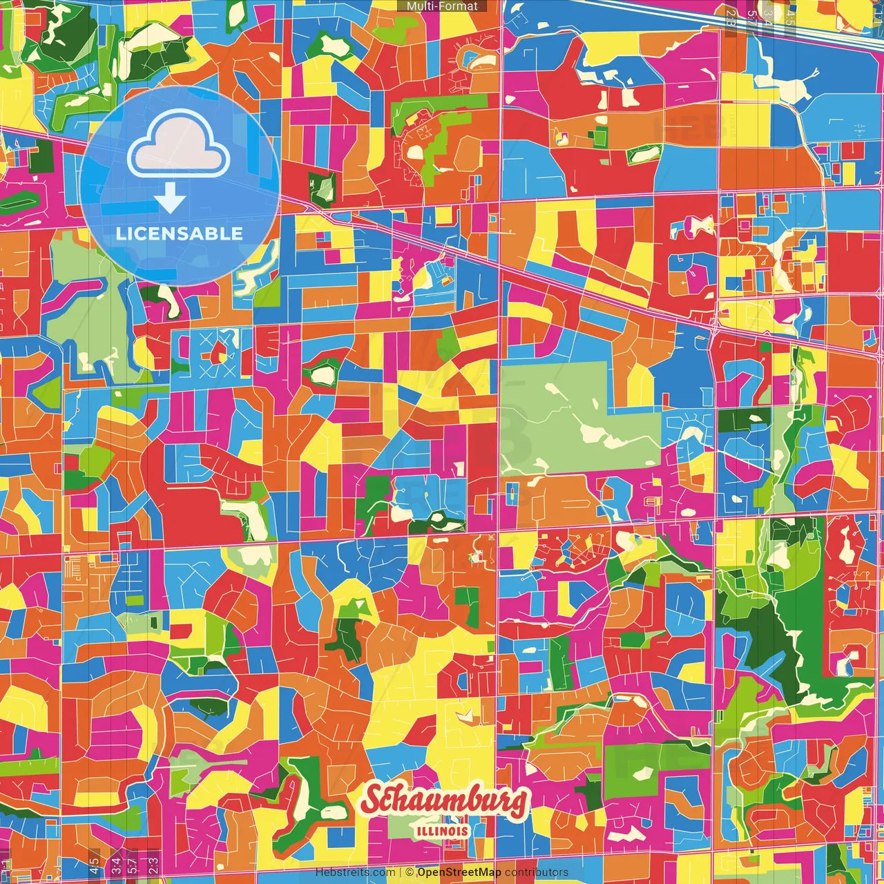 Schaumburg, Illinois, United States Crazy Colorful Street Map Poster Template