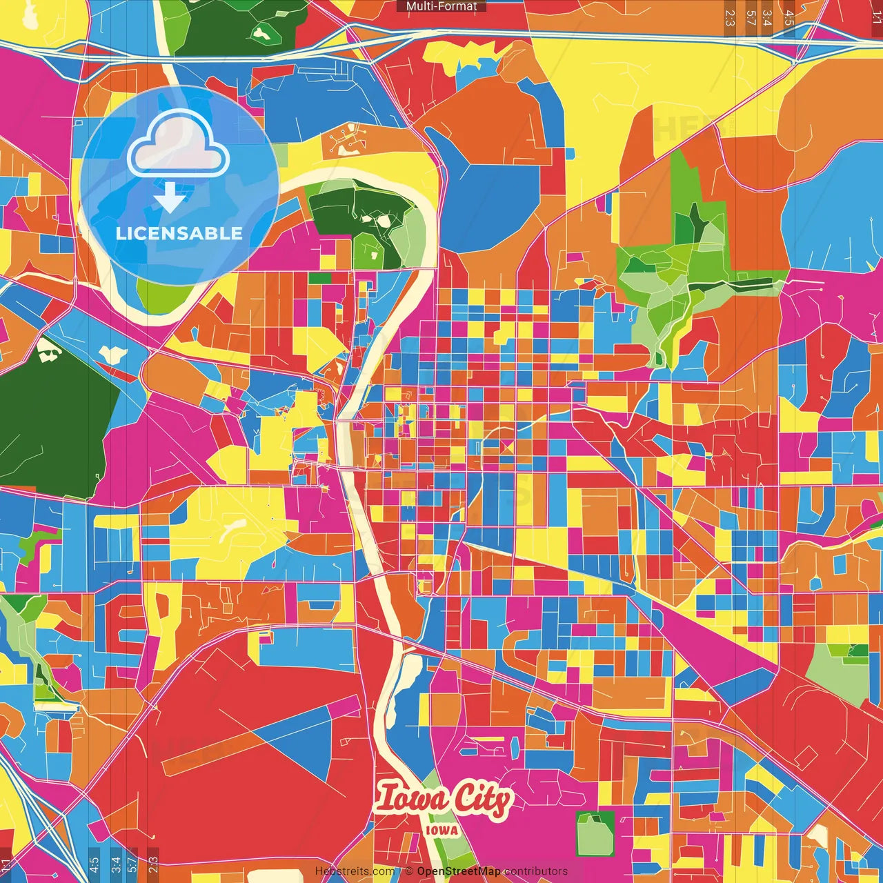 Iowa City, Iowa, United States Crazy Colorful Street Map Poster Template