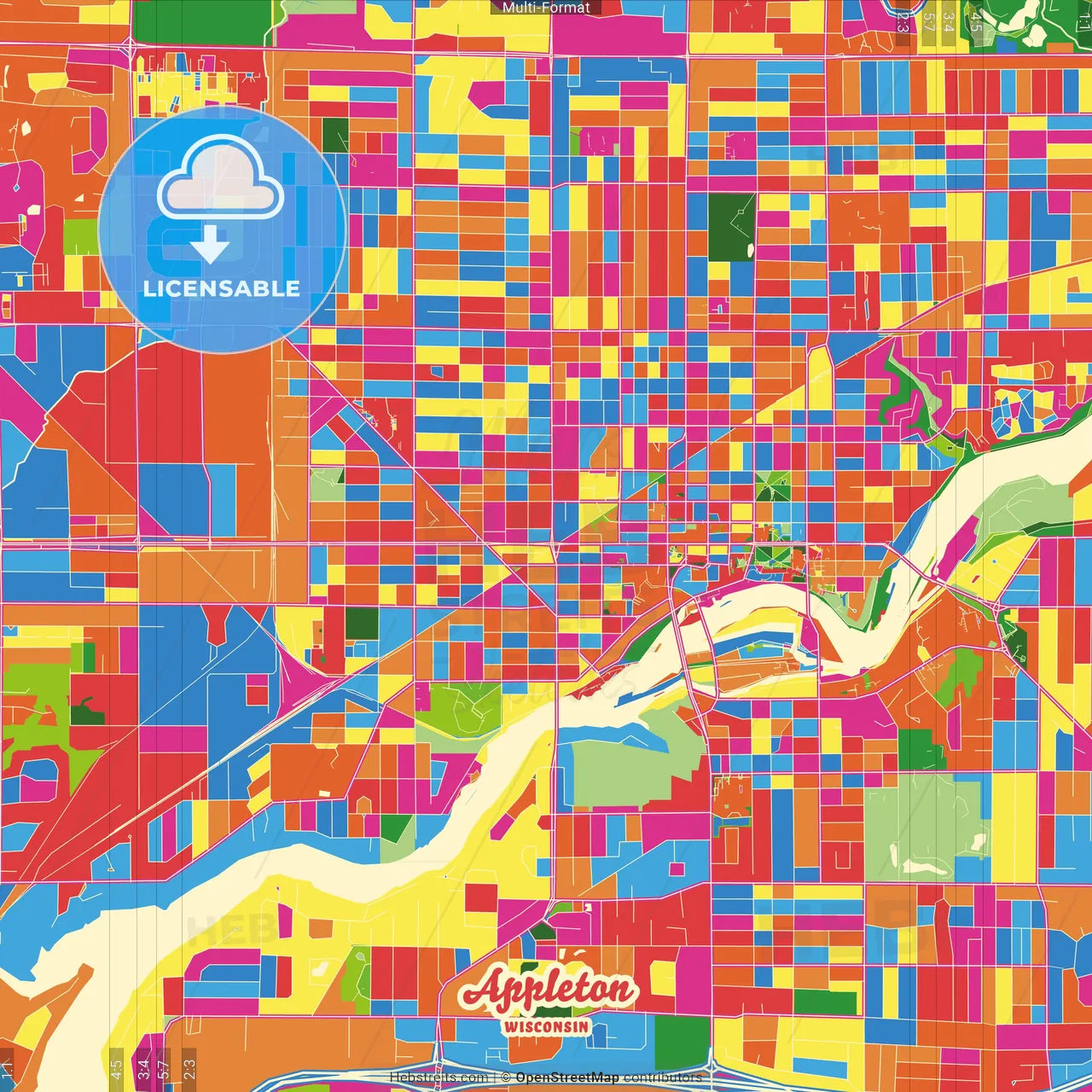 Appleton, Wisconsin, United States Crazy Colorful Street Map Poster Template