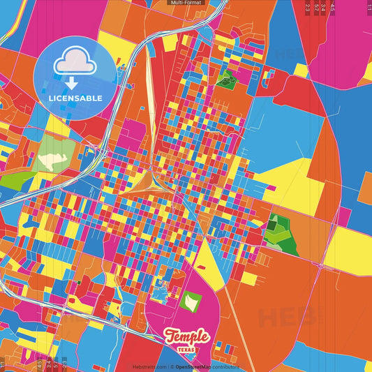Temple, Texas, United States Crazy Colorful Street Map Poster Template