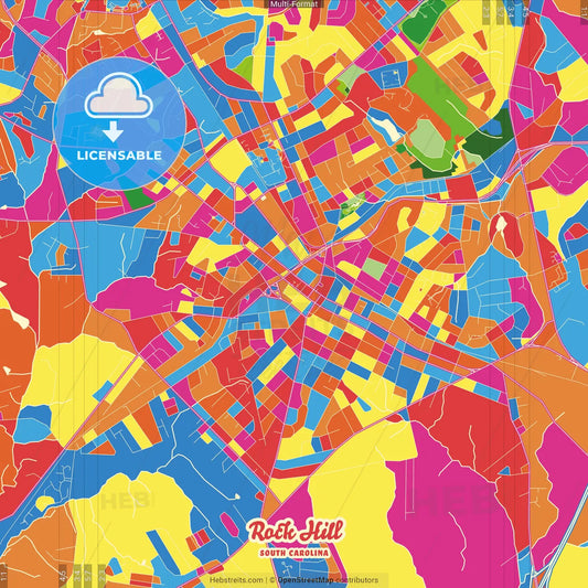 Rock Hill, South Carolina, United States Crazy Colorful Street Map Poster Template