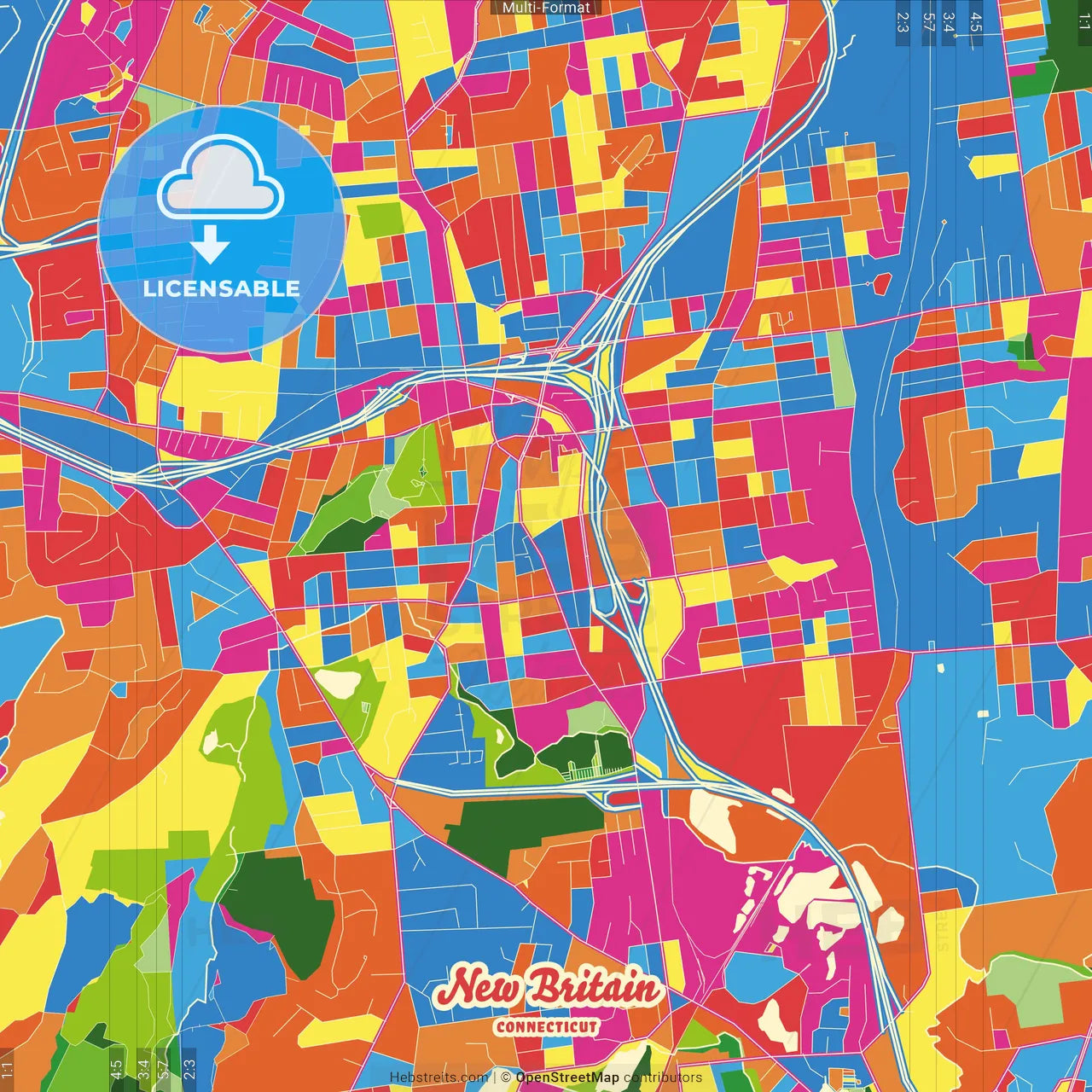 New Britain, Connecticut, United States Crazy Colorful Street Map Poster Template