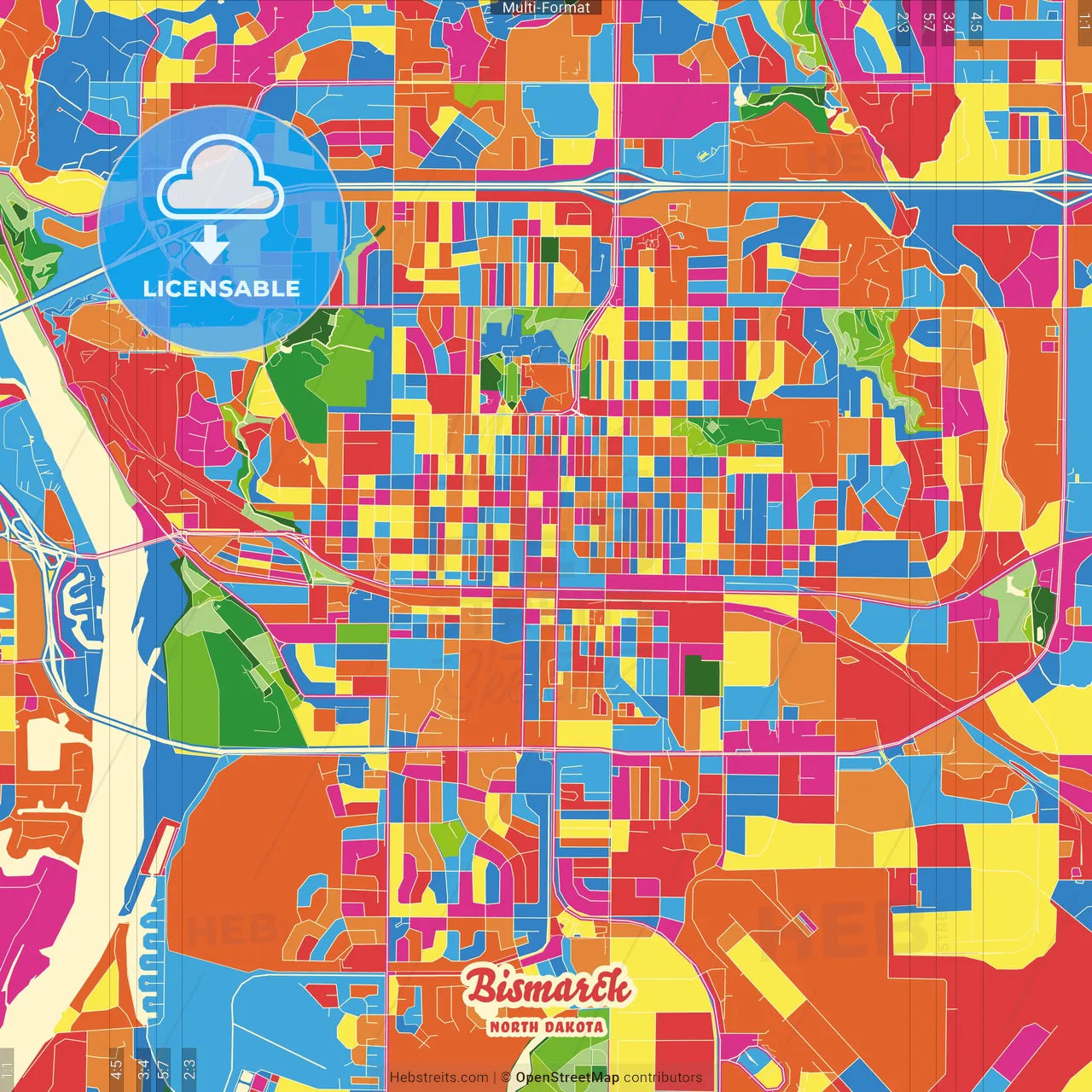 Bismarck, North Dakota, United States Crazy Colorful Street Map Poster Template