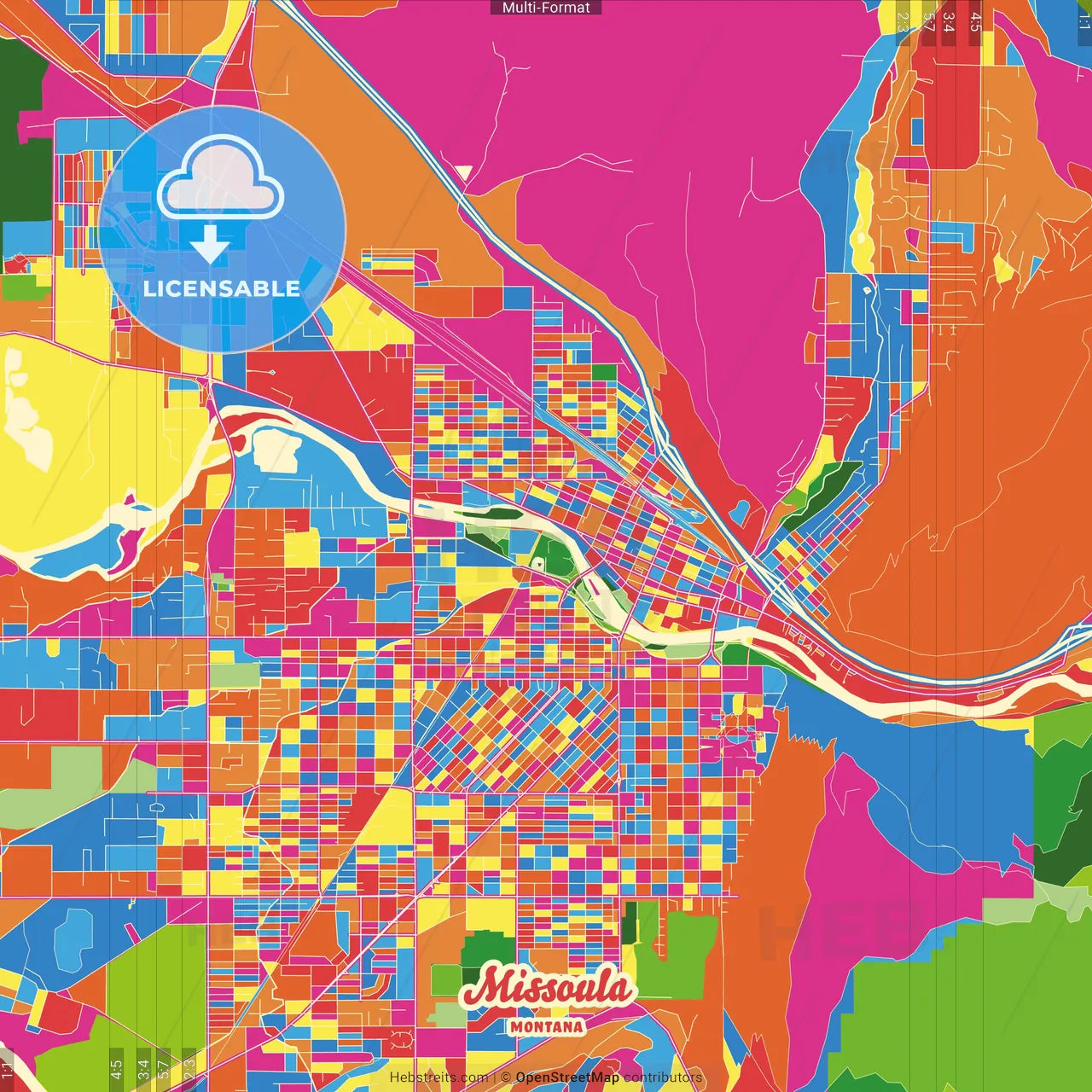 Missoula, Montana, United States Crazy Colorful Street Map Poster Template