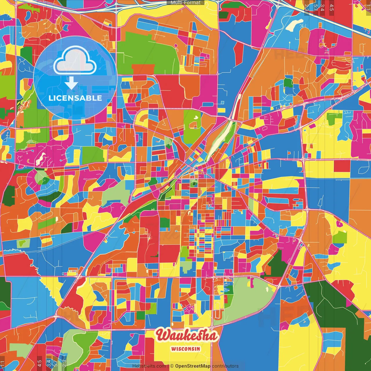 Waukesha, Wisconsin, United States Crazy Colorful Street Map Poster Template