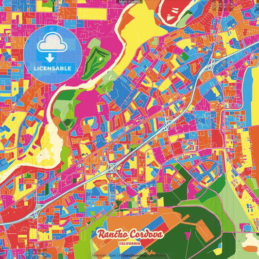Rancho Cordova, California, United States Crazy Colorful Street Map Poster Template