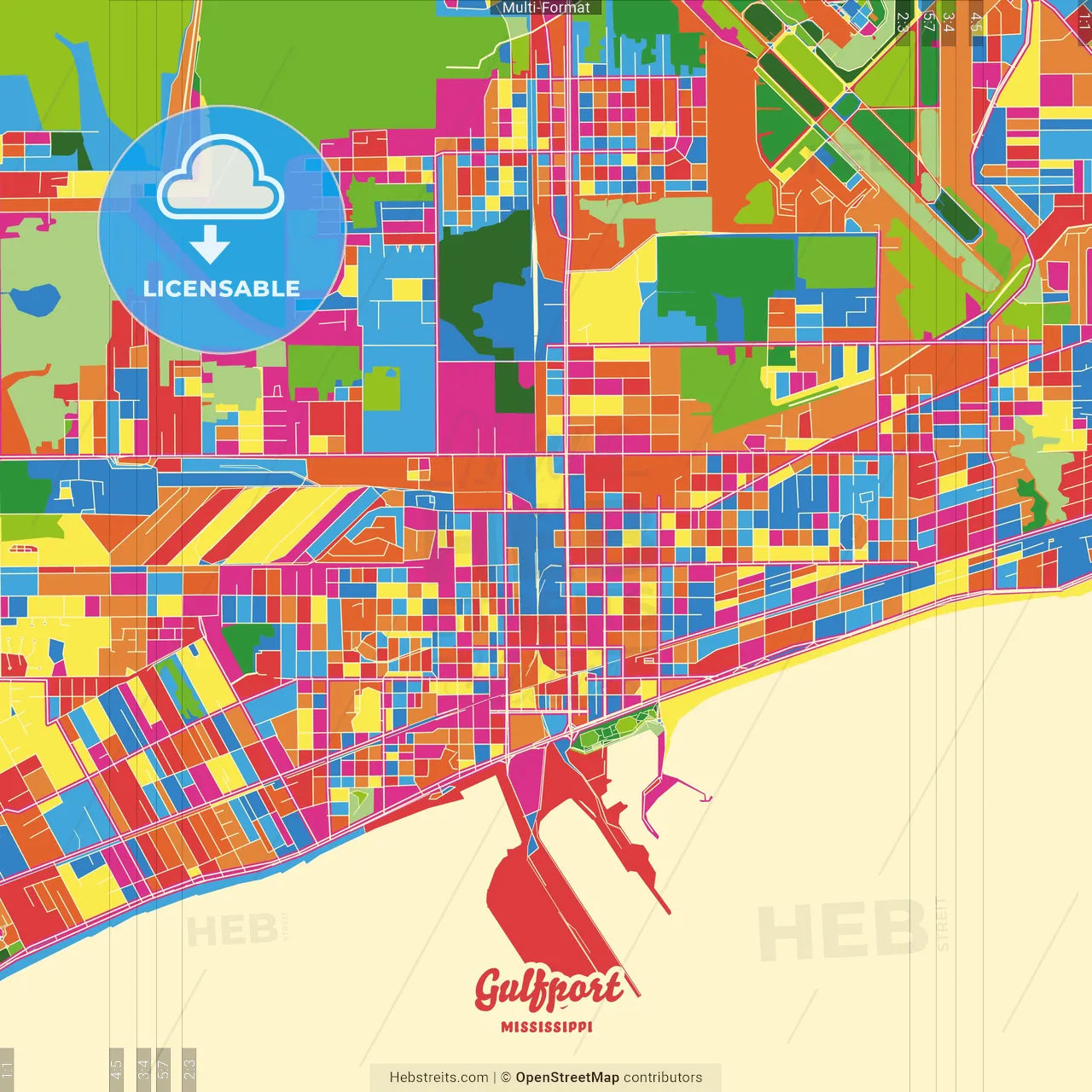 Gulfport, Mississippi, United States Crazy Colorful Street Map Poster Template