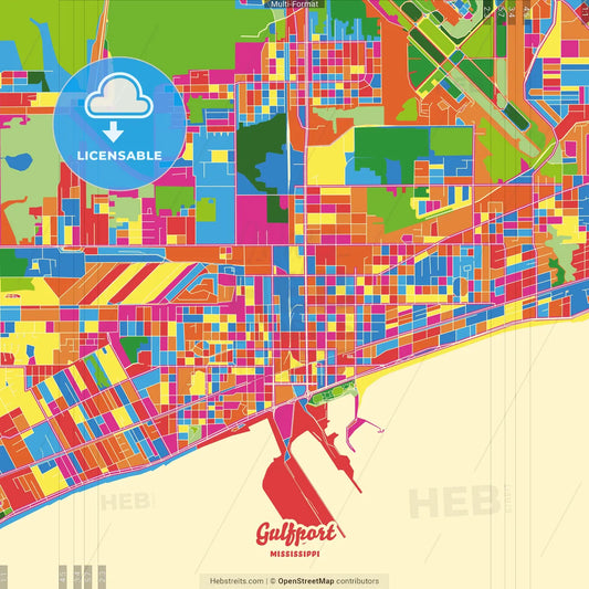 Gulfport, Mississippi, United States Crazy Colorful Street Map Poster Template