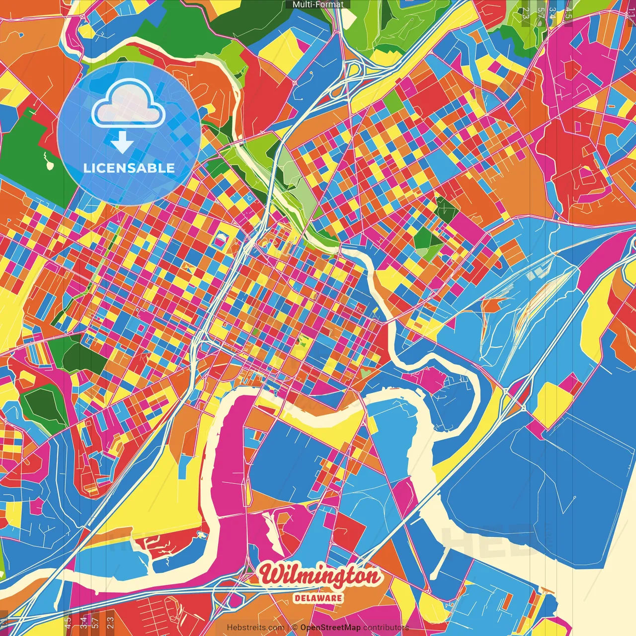 Wilmington, Delaware, United States Crazy Colorful Street Map Poster Template