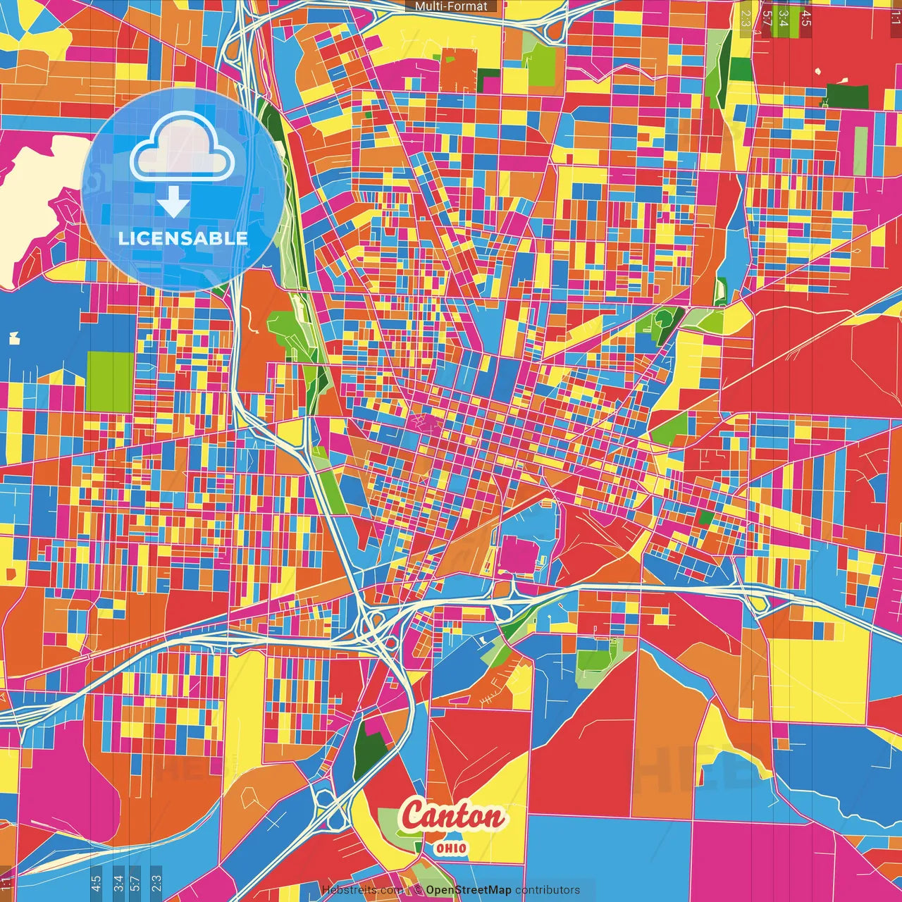 Canton, Ohio, United States Crazy Colorful Street Map Poster Template