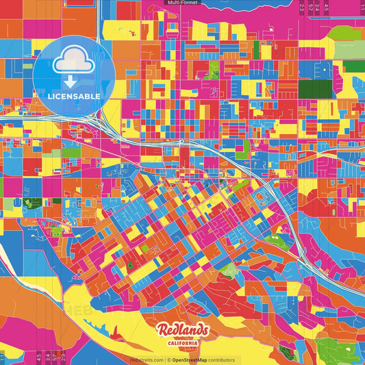 Redlands, California, United States Crazy Colorful Street Map Poster Template