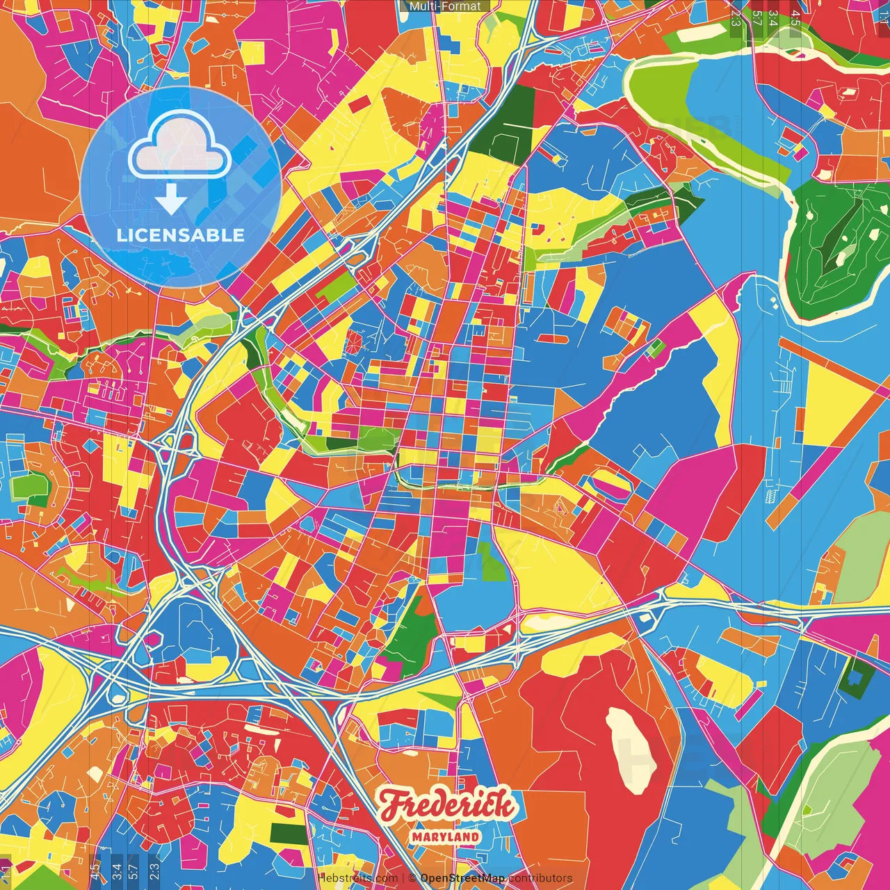 Frederick, Maryland, United States Crazy Colorful Street Map Poster Template