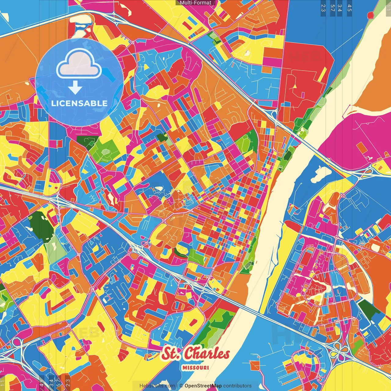 St. Charles, Missouri, United States Crazy Colorful Street Map Poster Template