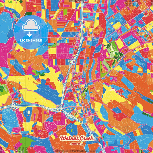 Walnut Creek, California, United States Crazy Colorful Street Map Poster Template