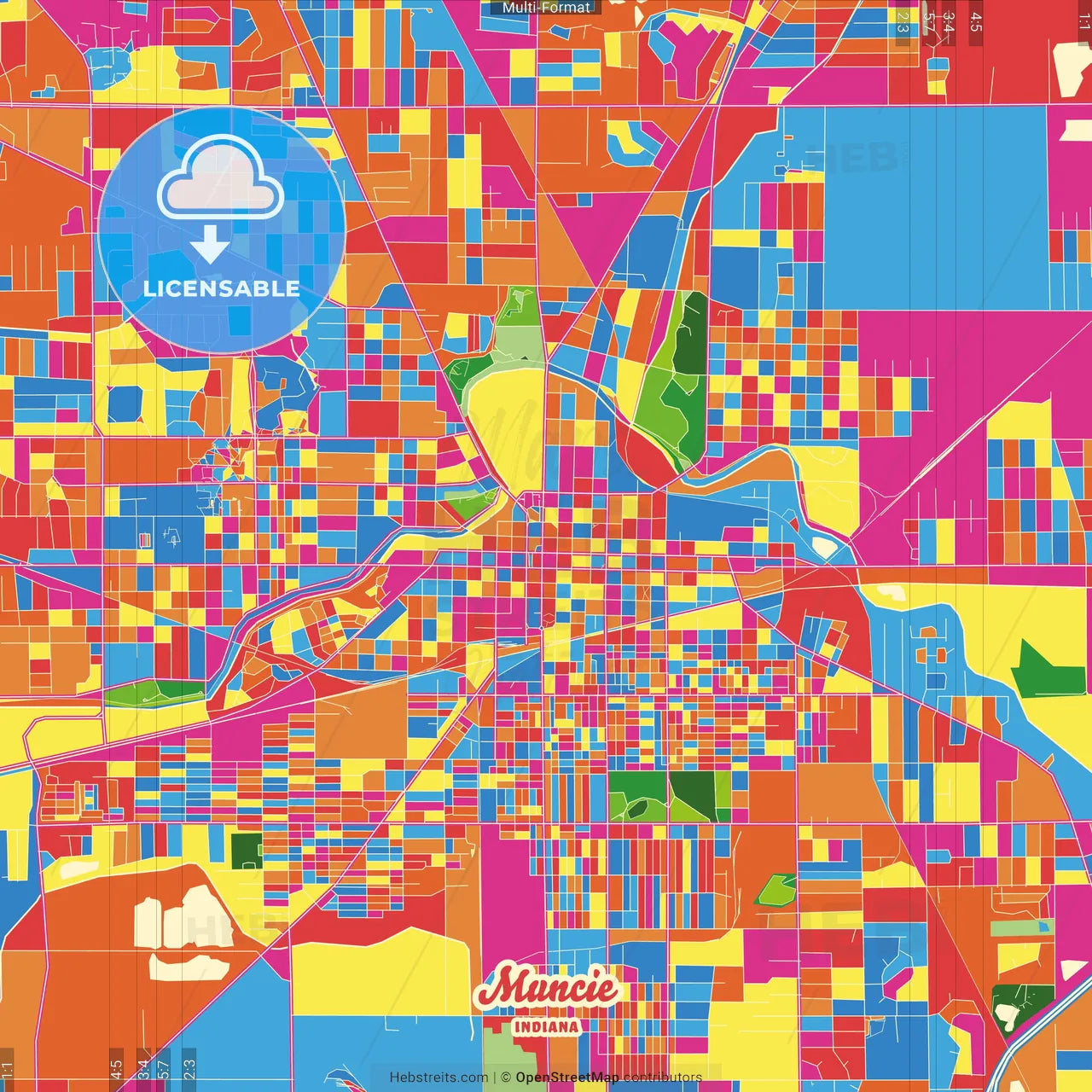 Muncie, Indiana, United States Crazy Colorful Street Map Poster Template