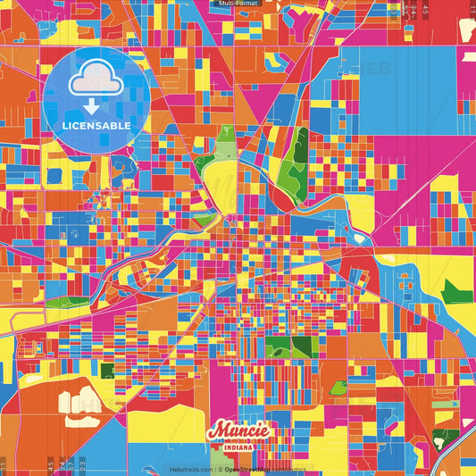 Muncie, Indiana, United States Crazy Colorful Street Map Poster Template