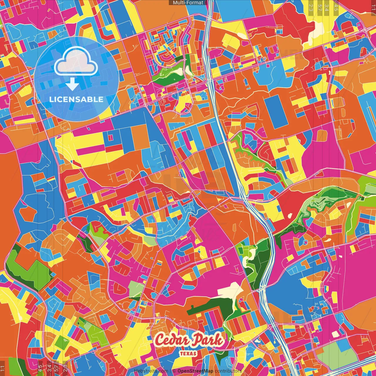 Cedar Park, Texas, United States Crazy Colorful Street Map Poster Template