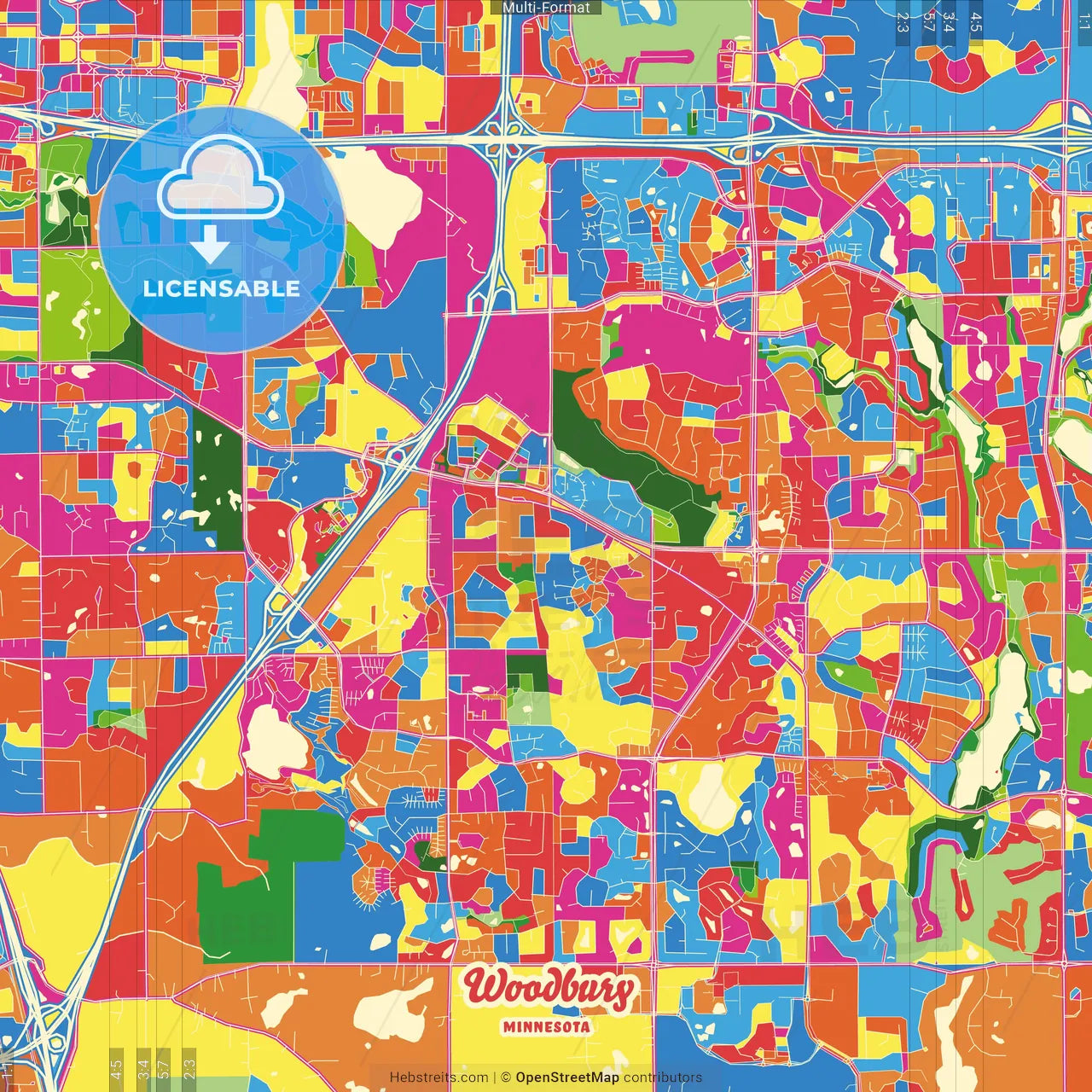 Woodbury, Minnesota, United States Crazy Colorful Street Map Poster Template
