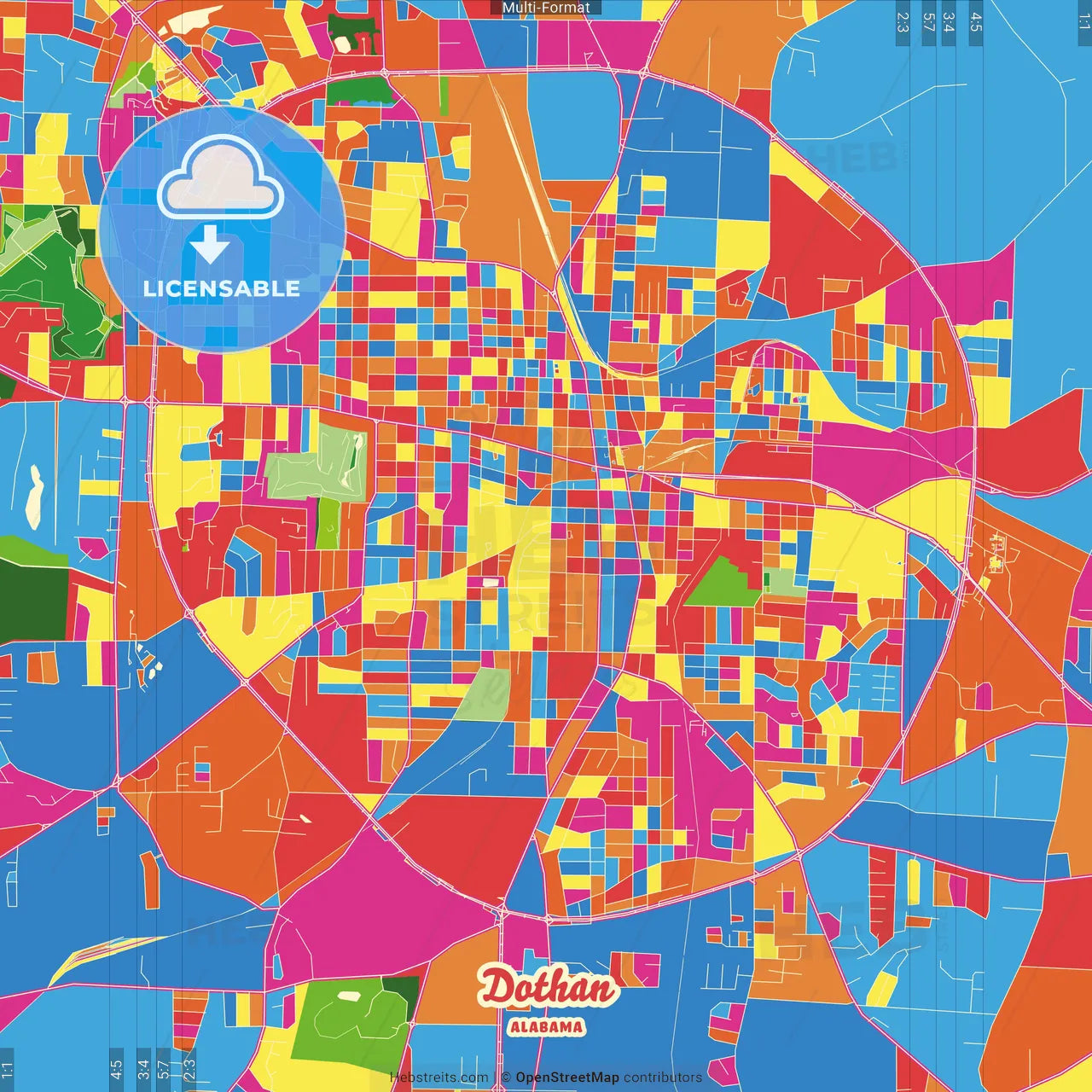 Dothan, Alabama, United States Crazy Colorful Street Map Poster Template