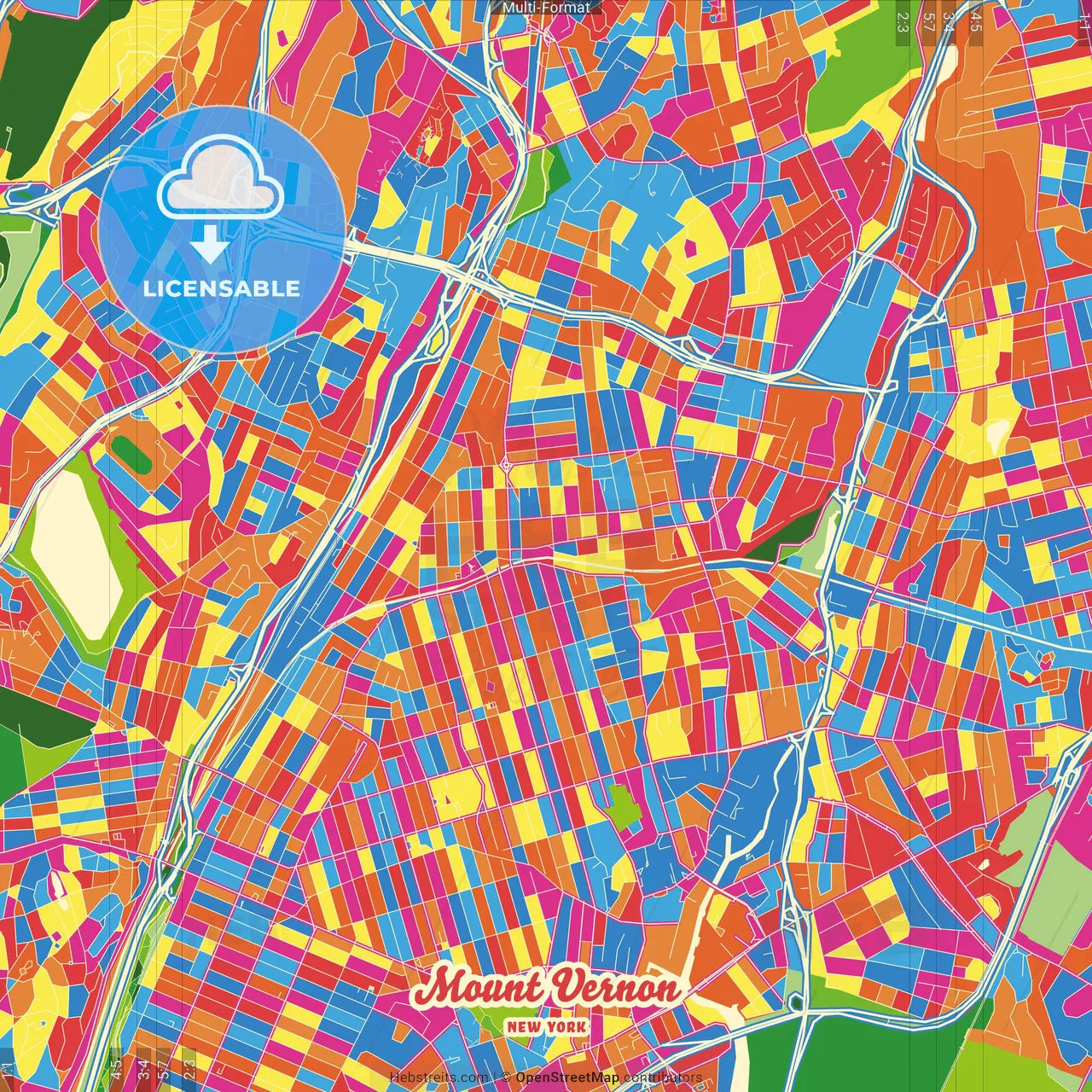 Mount Vernon, New York, United States Crazy Colorful Street Map Poster Template