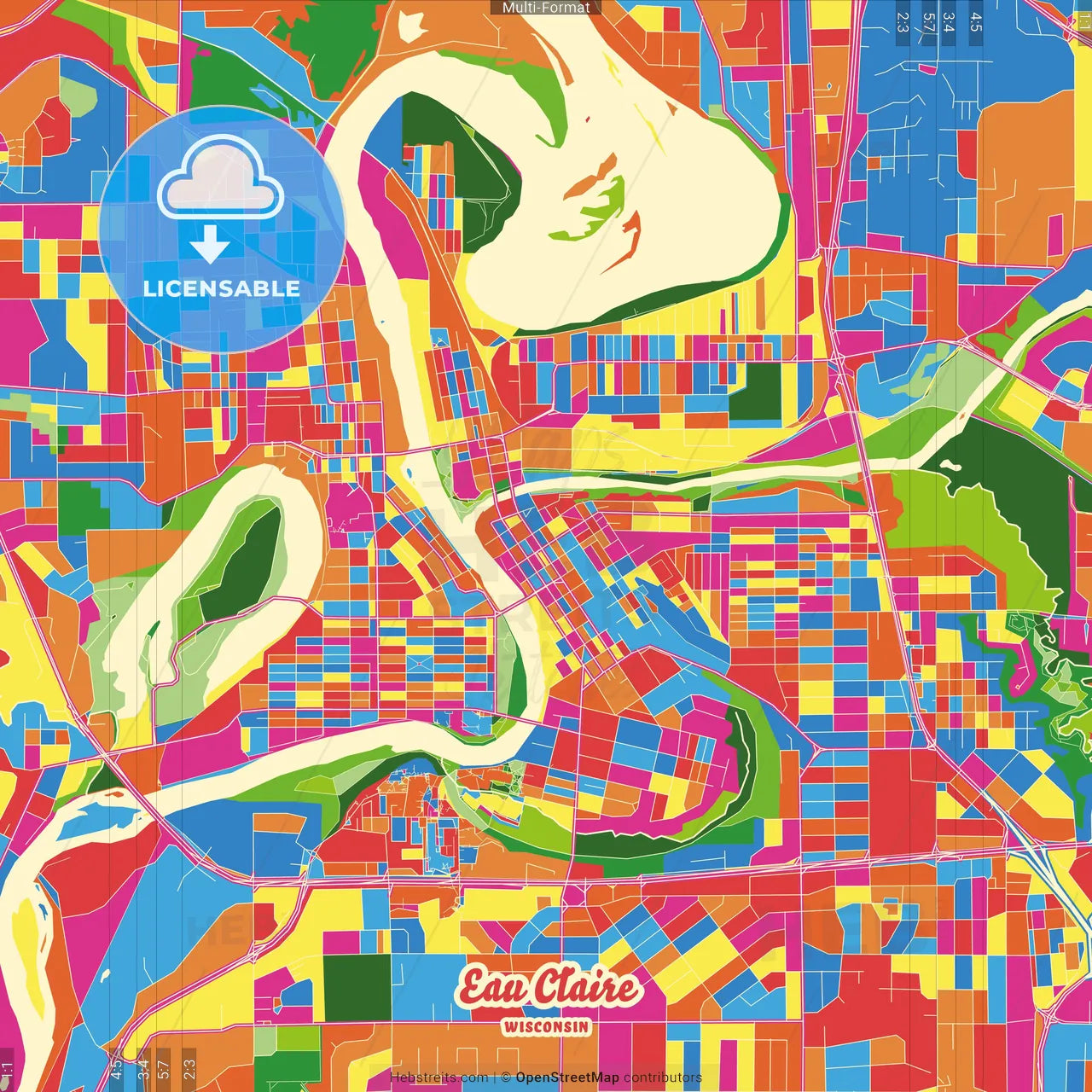 Eau Claire, Wisconsin, United States Crazy Colorful Street Map Poster Template