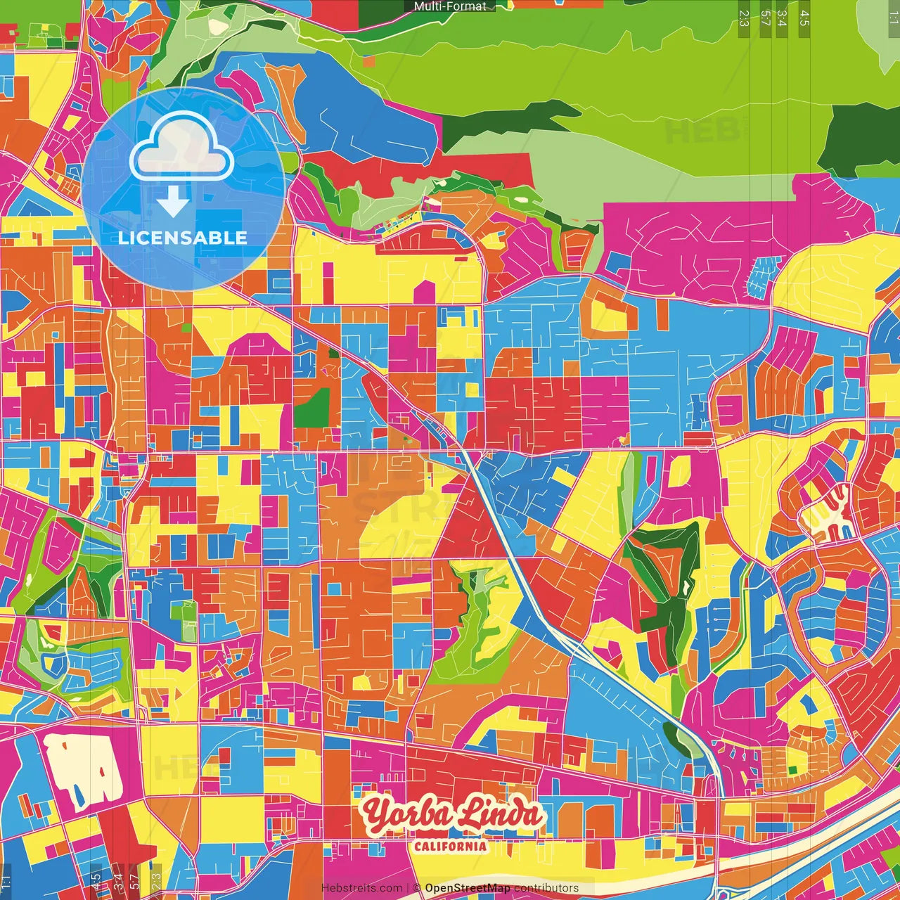 Yorba Linda, California, United States Crazy Colorful Street Map Poster Template