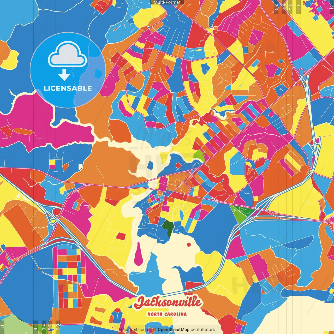 Jacksonville, North Carolina, United States Crazy Colorful Street Map Poster Template