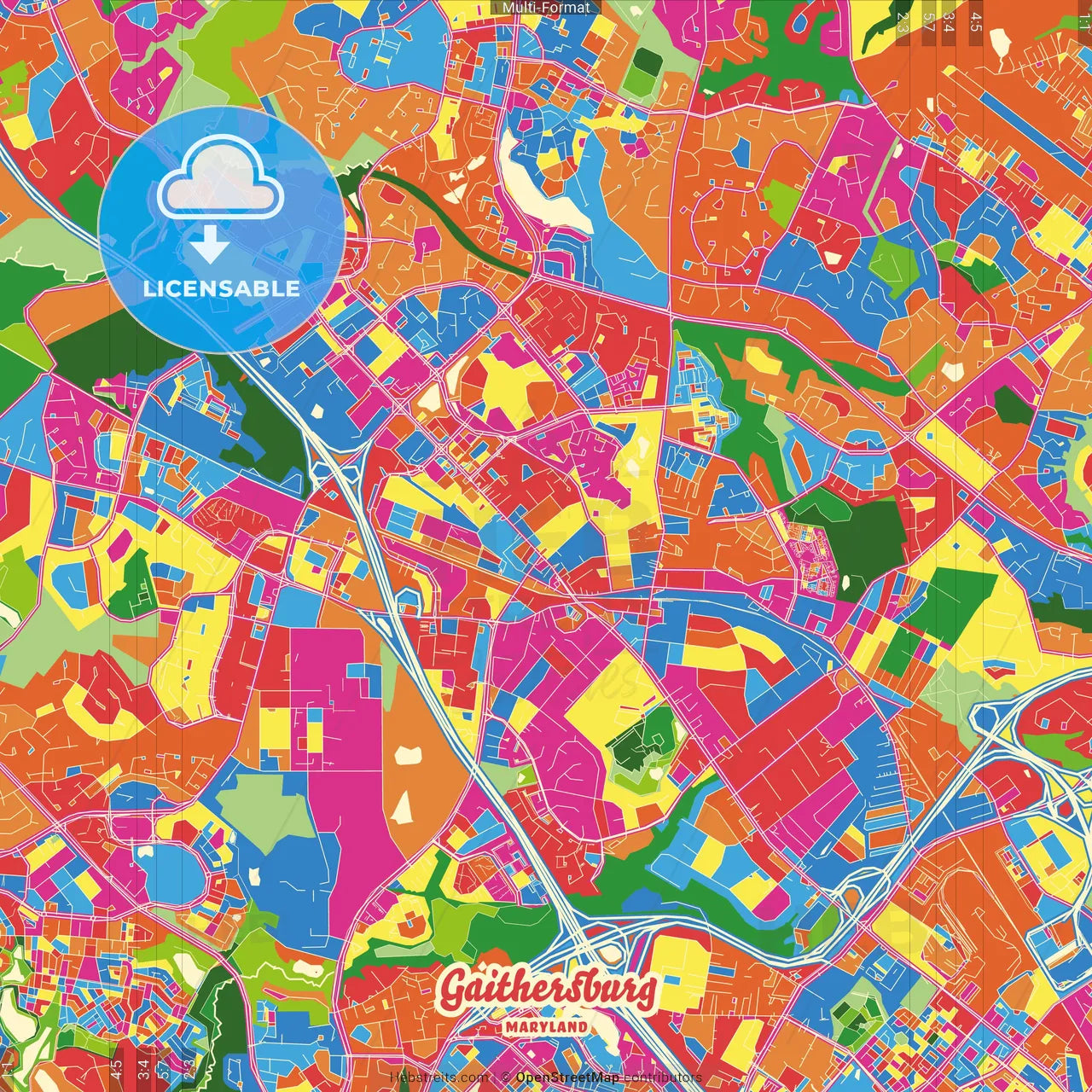 Gaithersburg, Maryland, United States Crazy Colorful Street Map Poster Template