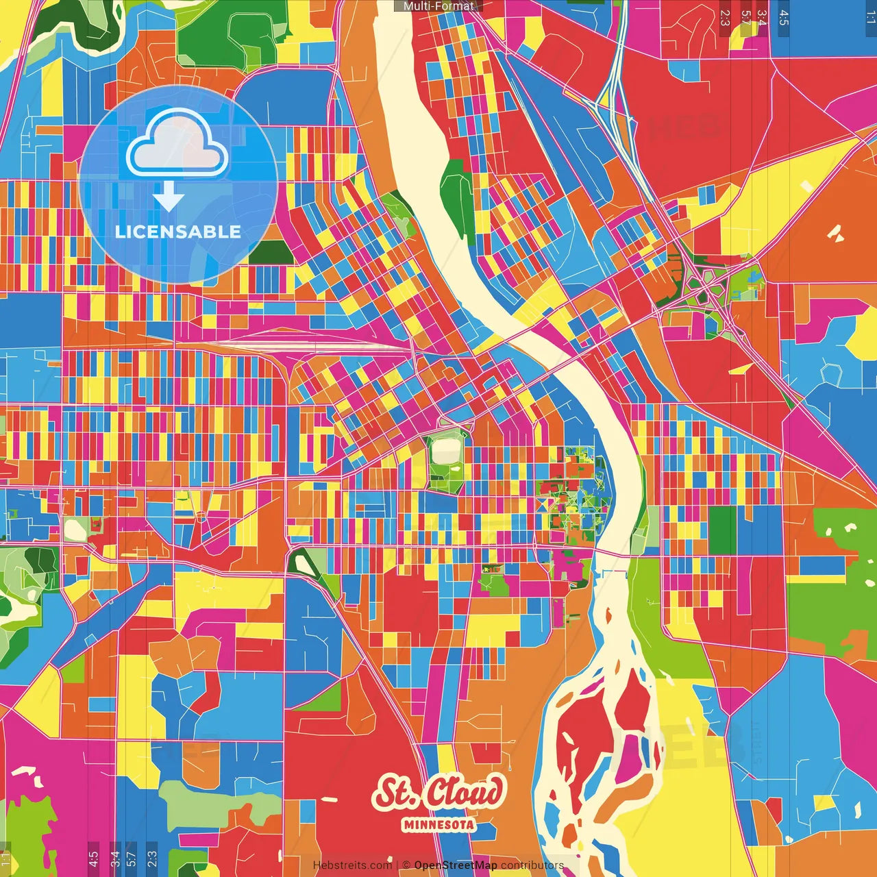 St. Cloud, Minnesota, United States Crazy Colorful Street Map Poster Template