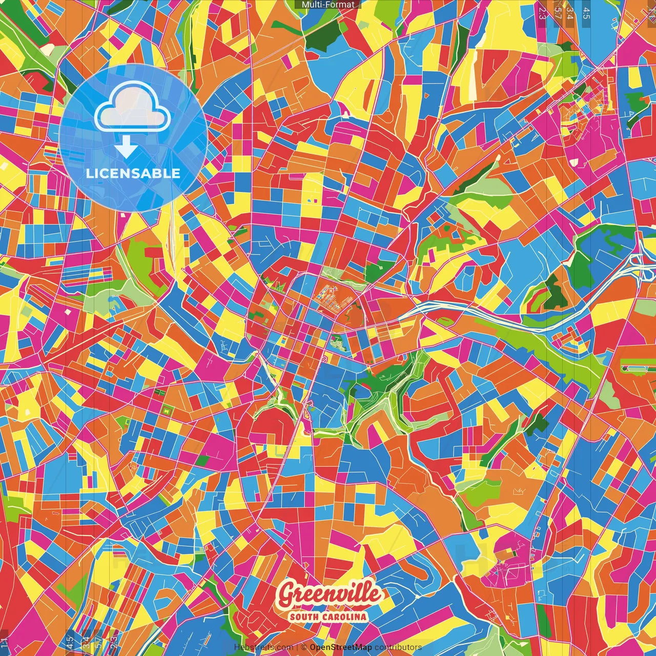 Greenville, South Carolina, United States Crazy Colorful Street Map Poster Template