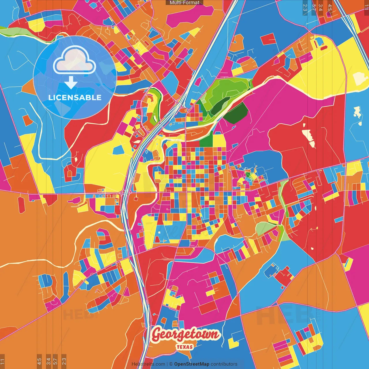 Georgetown, Texas, United States Crazy Colorful Street Map Poster Template