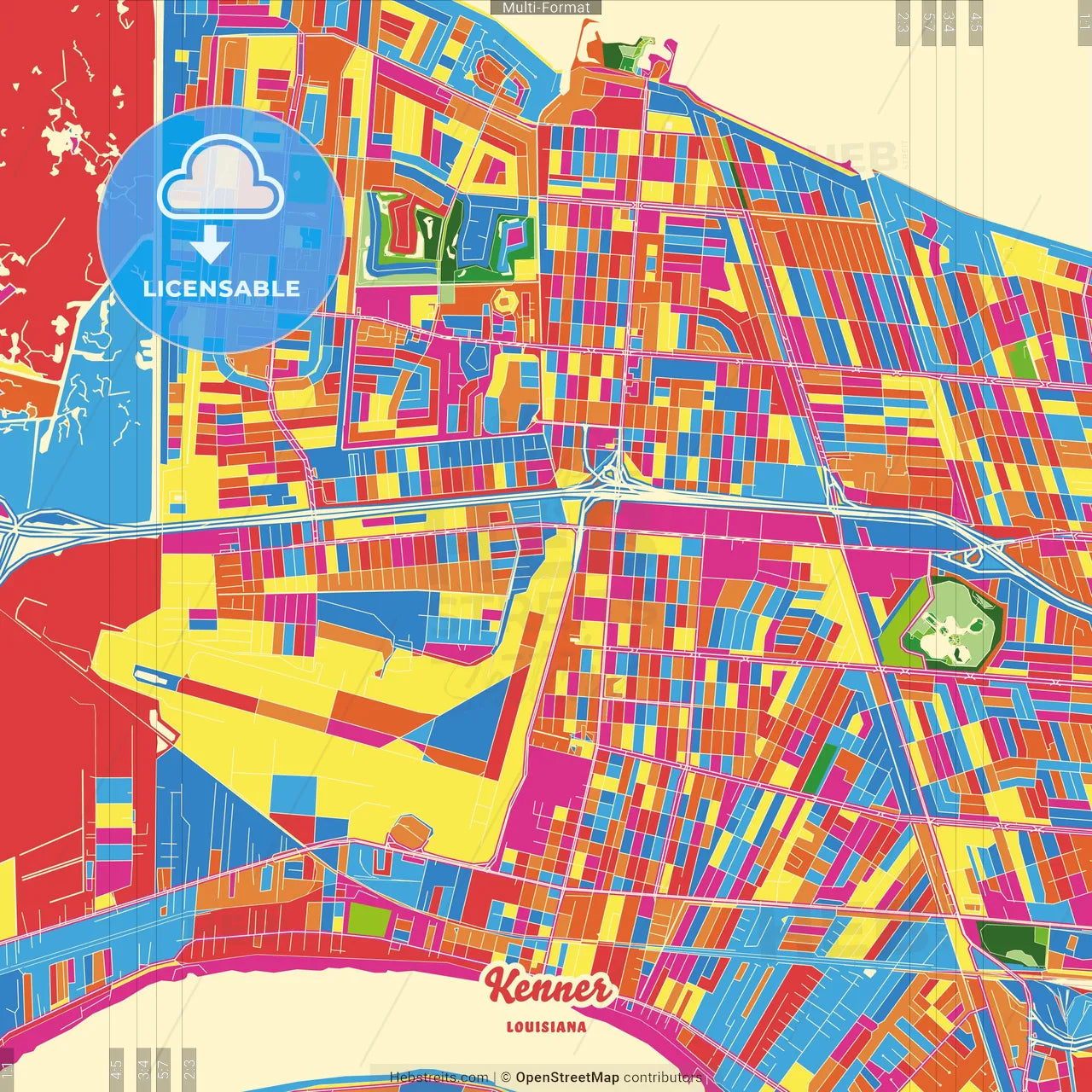 Kenner, Louisiana, United States Crazy Colorful Street Map Poster Template