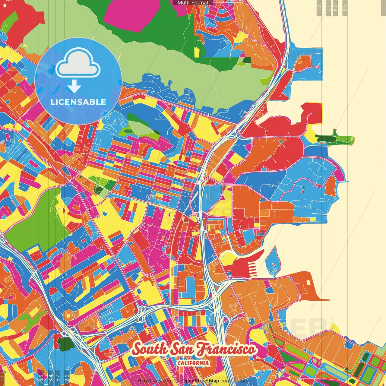 South San Francisco, California, United States Crazy Colorful Street Map Poster Template