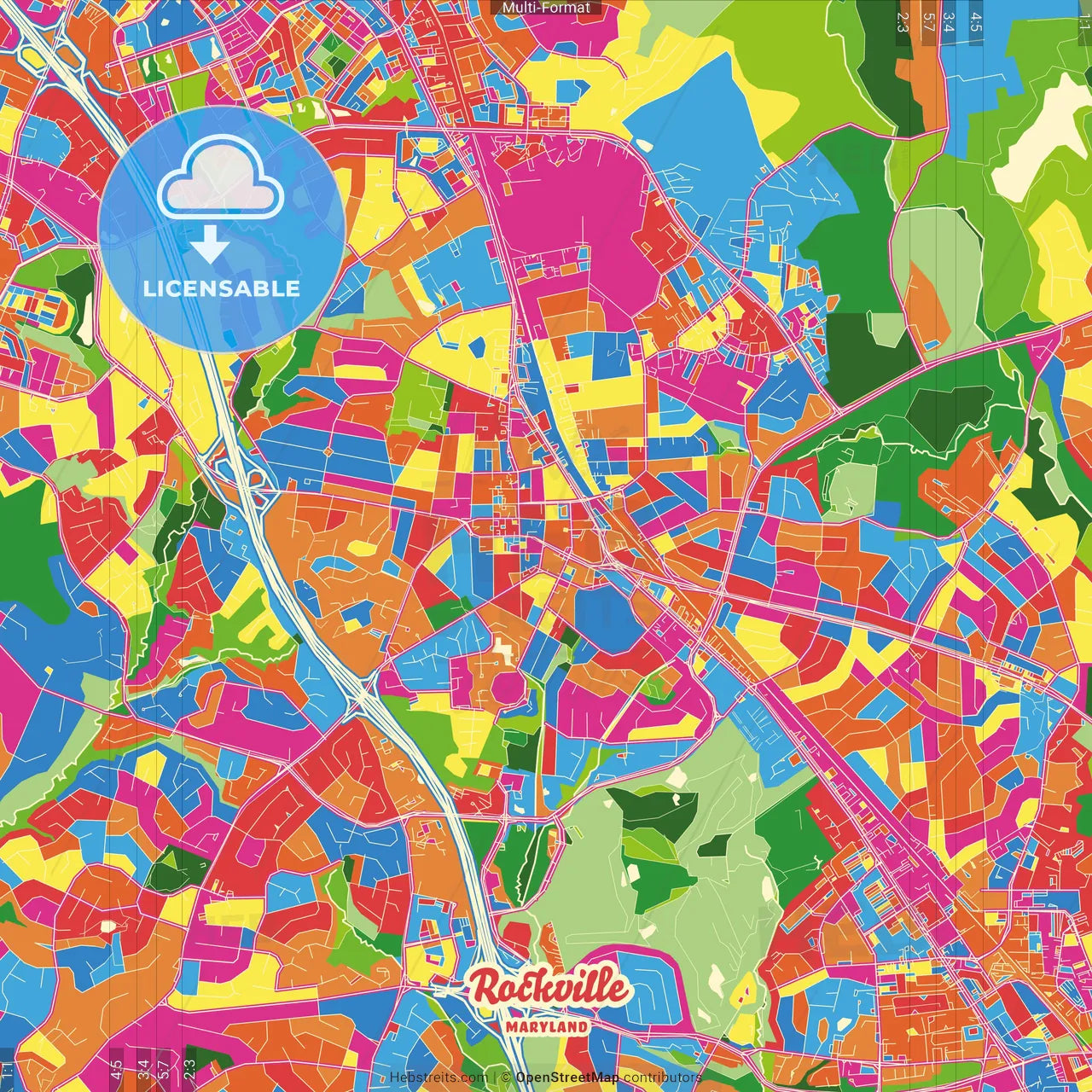Rockville, Maryland, United States Crazy Colorful Street Map Poster Template