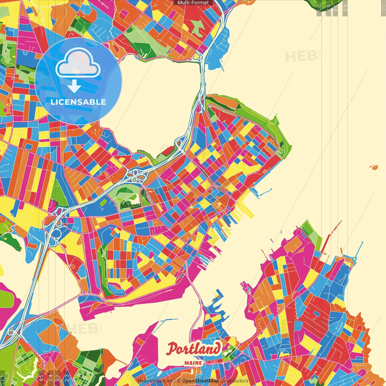 Portland, Maine, United States Crazy Colorful Street Map Poster Template