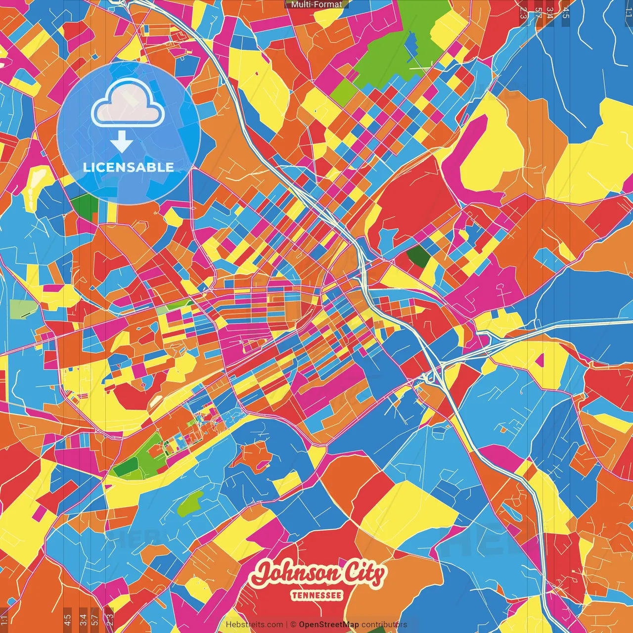 Johnson City, Tennessee, United States Crazy Colorful Street Map Poster Template