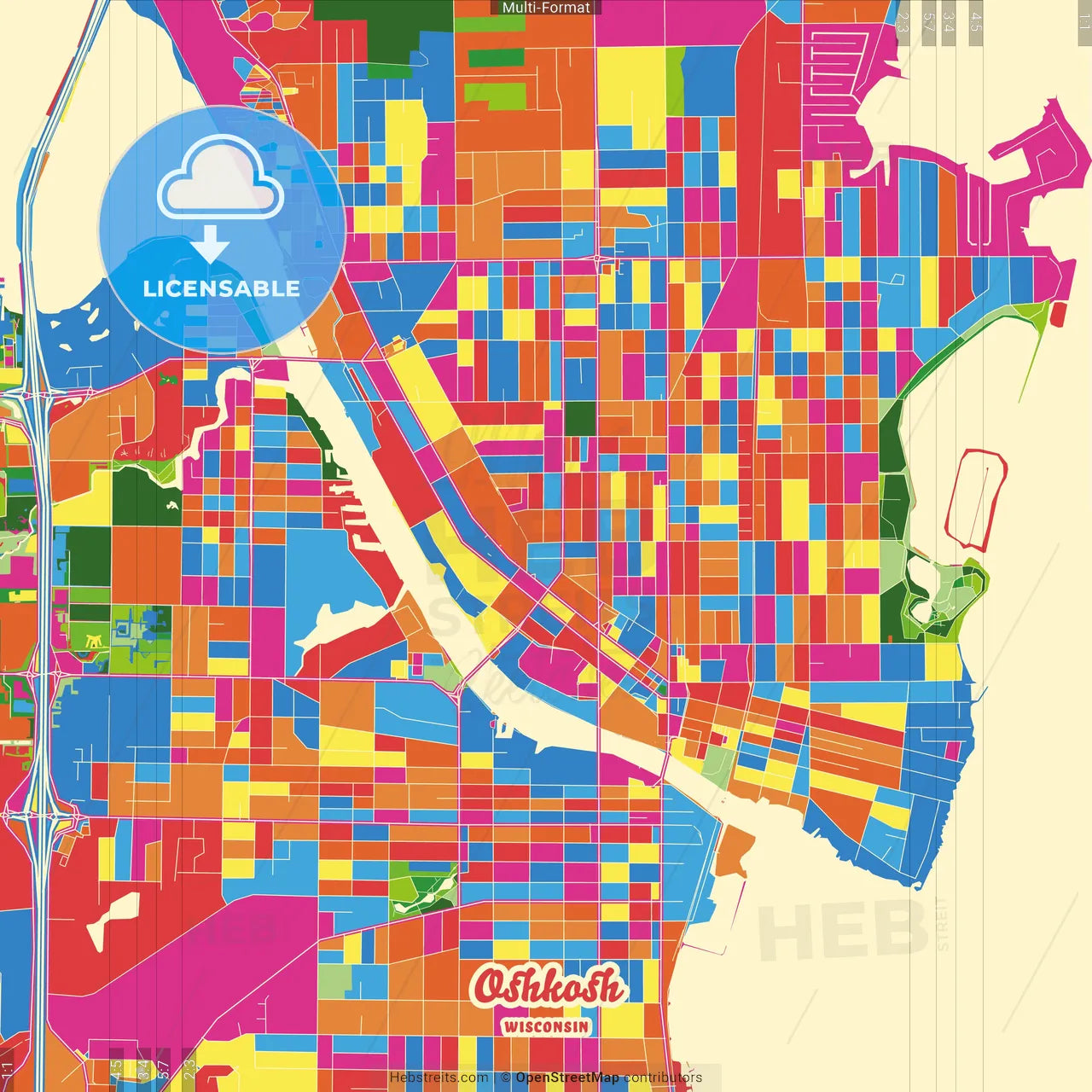 Oshkosh, Wisconsin, United States Crazy Colorful Street Map Poster Template
