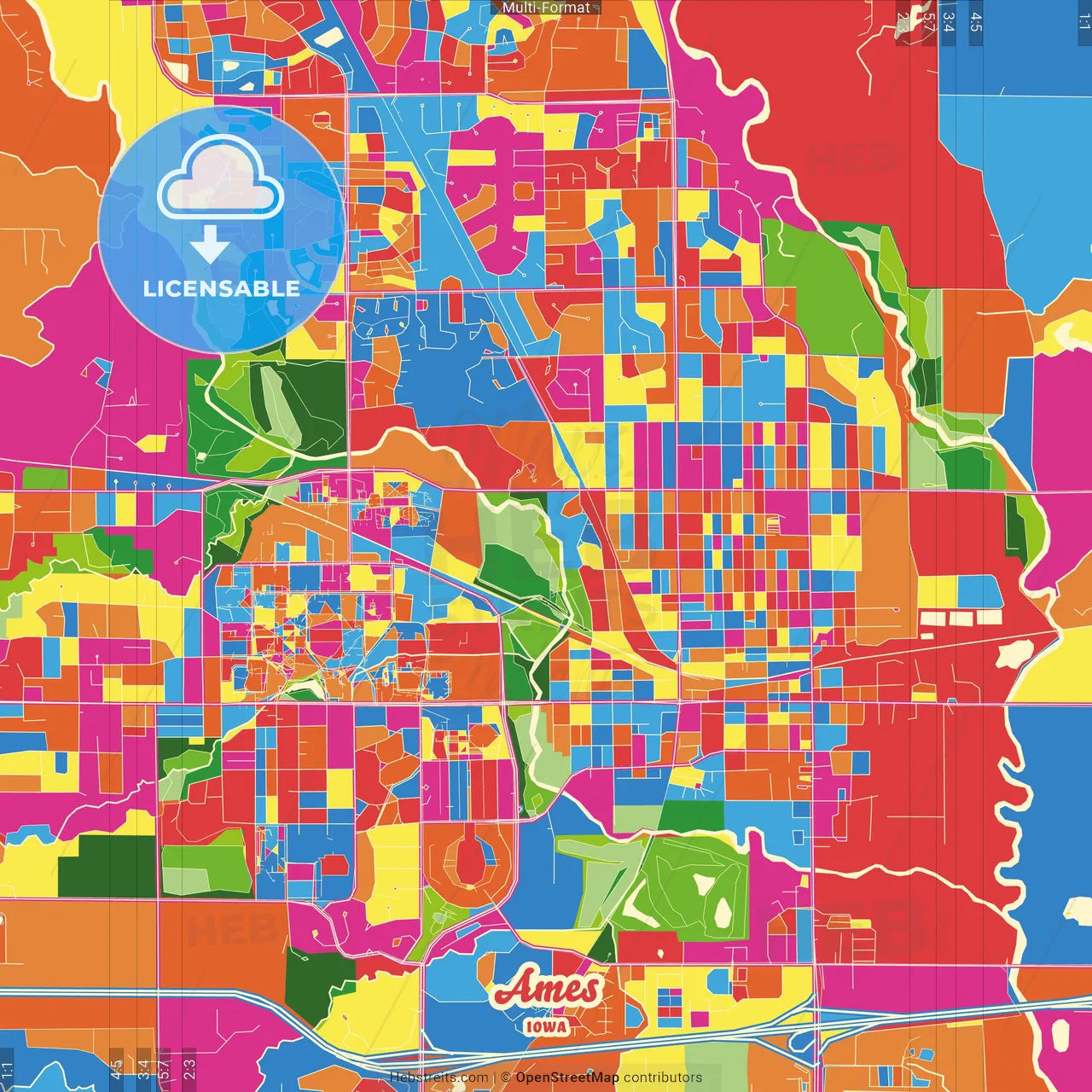 Ames, Iowa, United States Crazy Colorful Street Map Poster Template
