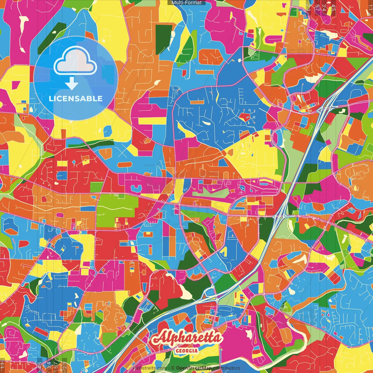 Alpharetta, Georgia, United States Crazy Colorful Street Map Poster Template