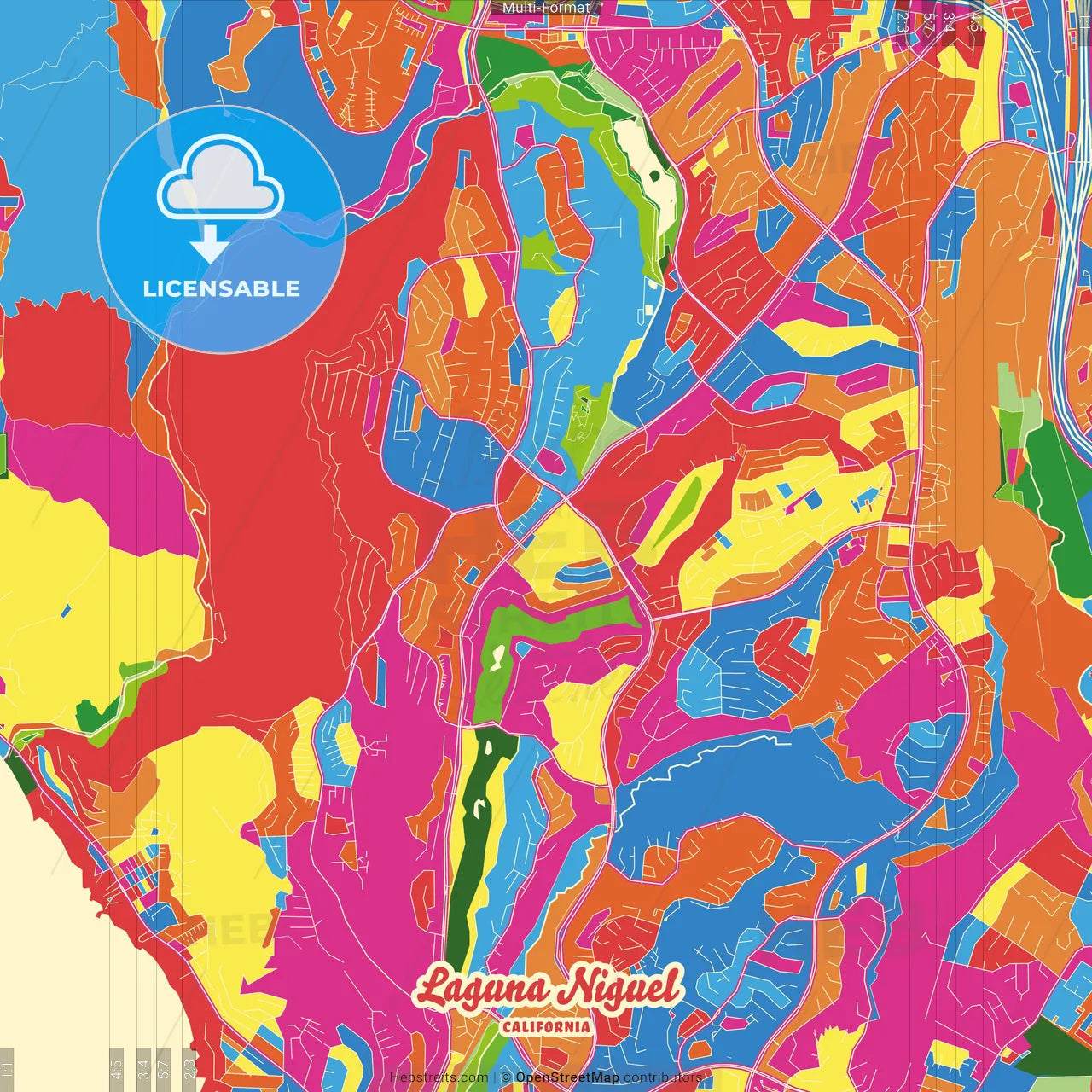 Laguna Niguel, California, United States Crazy Colorful Street Map Poster Template