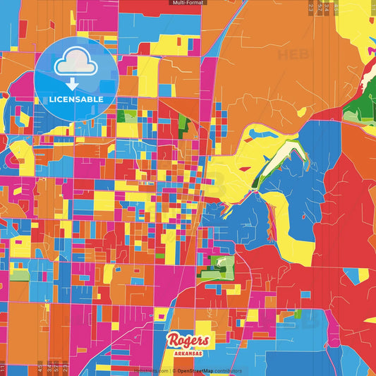 Rogers, Arkansas, United States Crazy Colorful Street Map Poster Template