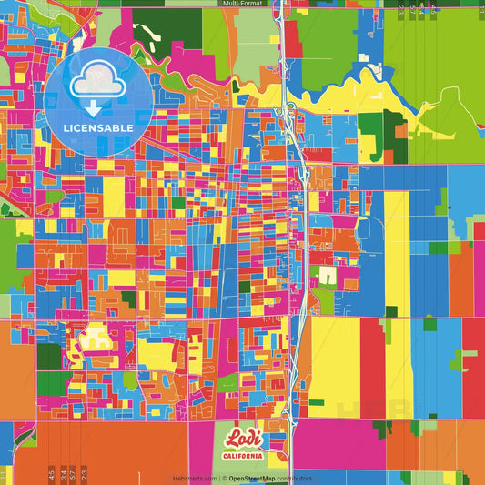 Lodi, California, United States Crazy Colorful Street Map Poster Template