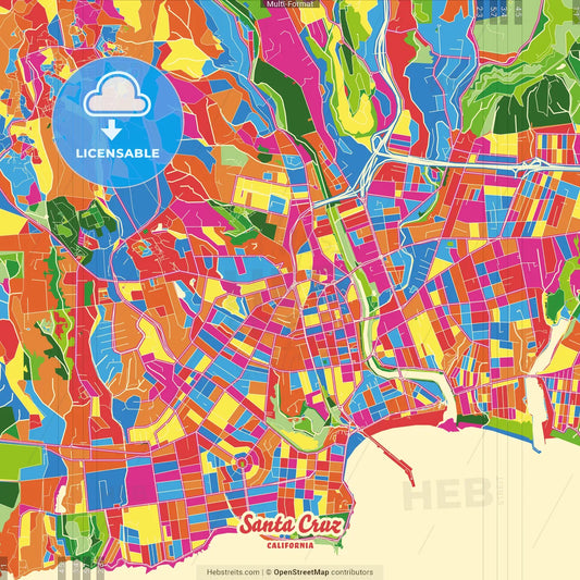 Santa Cruz, California, United States Crazy Colorful Street Map Poster Template