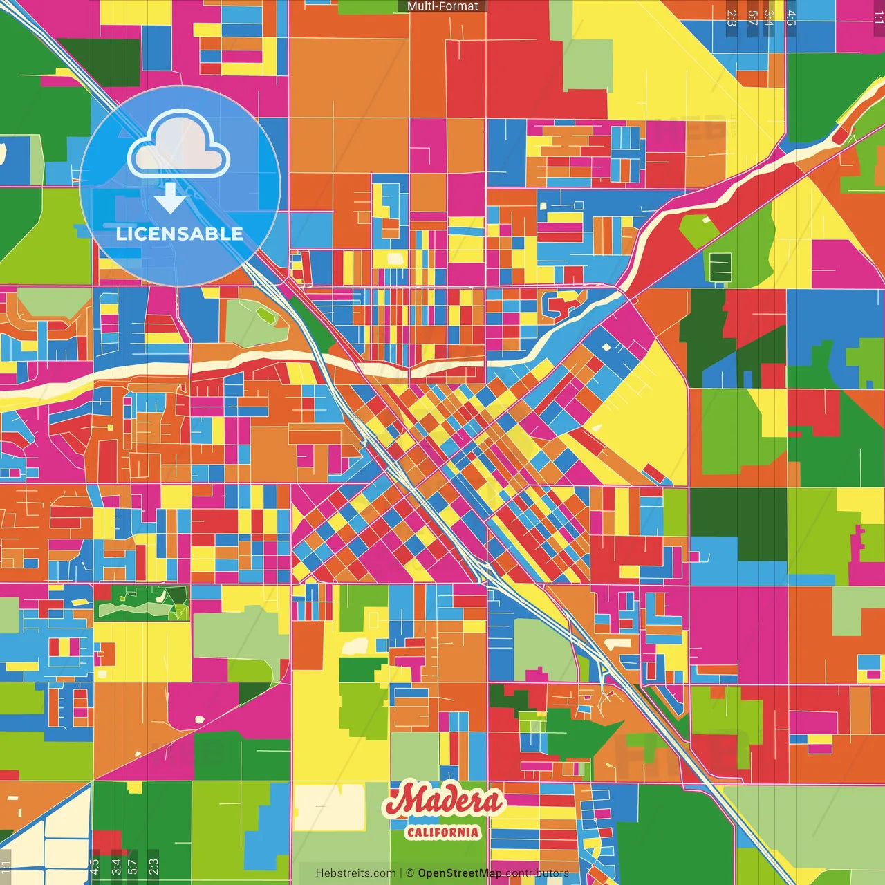 Madera, California, United States Crazy Colorful Street Map Poster Template