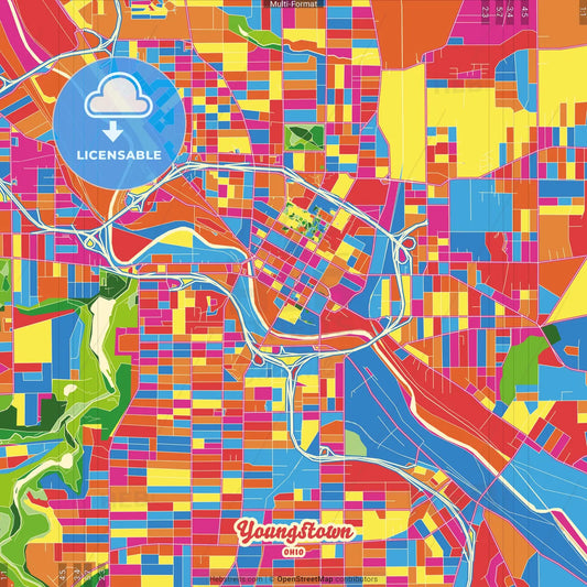 Youngstown, Ohio, United States Crazy Colorful Street Map Poster Template