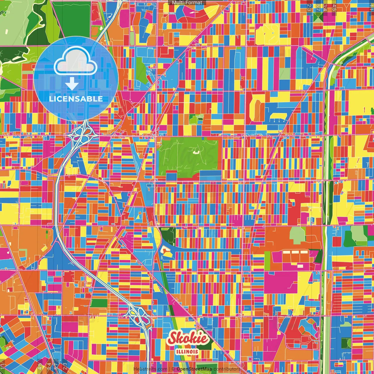 Skokie, Illinois, United States Crazy Colorful Street Map Poster Template