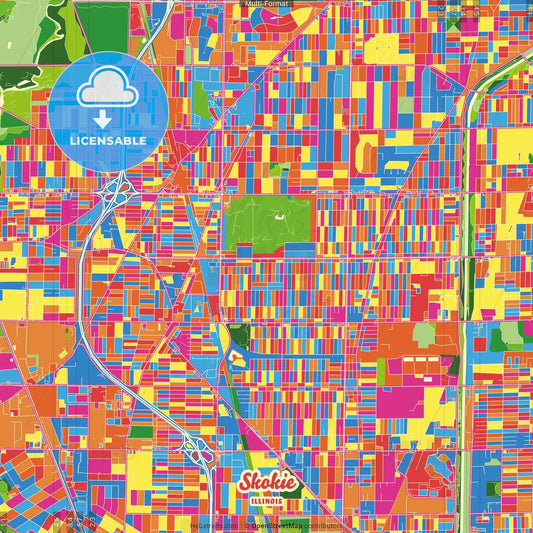 Skokie, Illinois, United States Crazy Colorful Street Map Poster Template