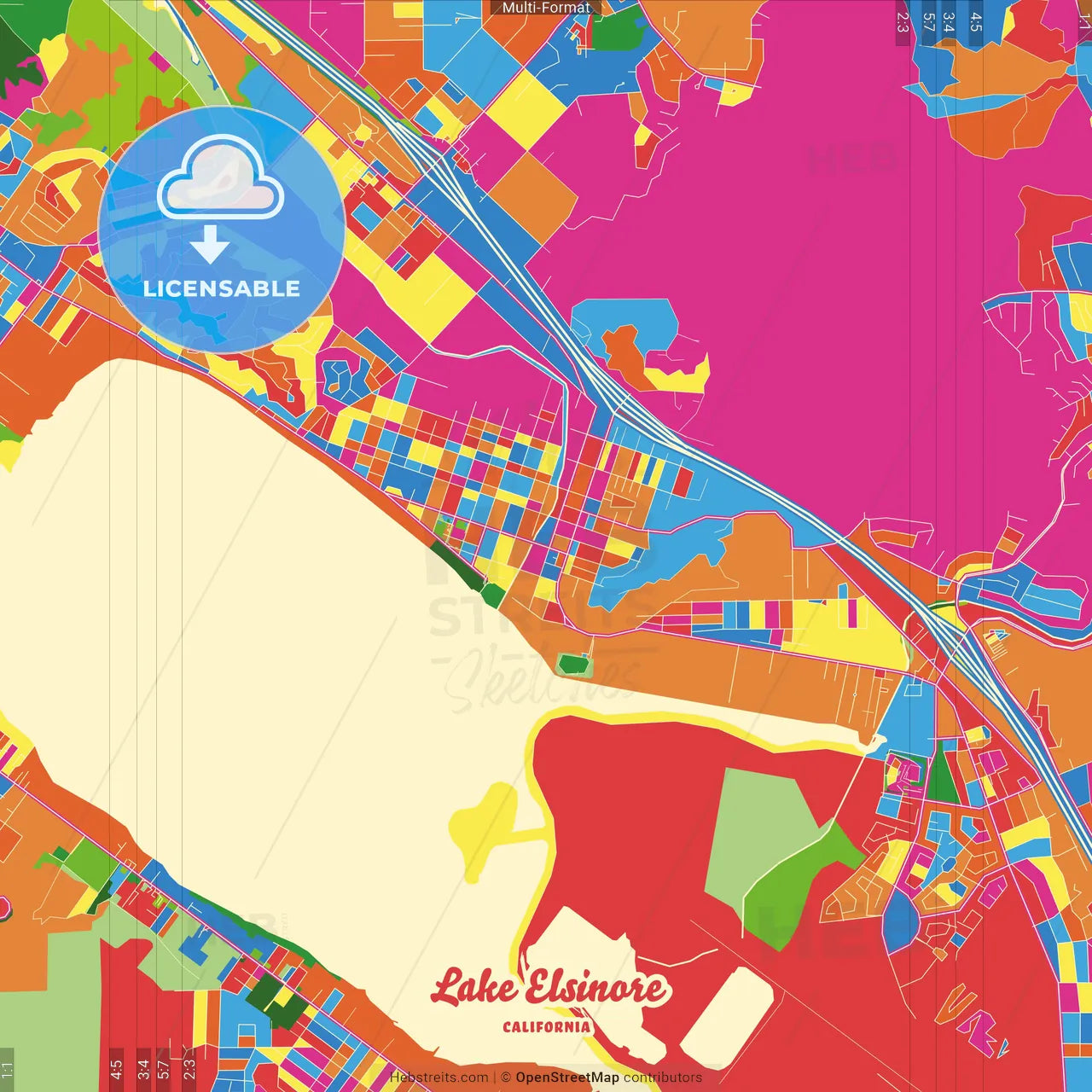 Lake Elsinore, California, United States Crazy Colorful Street Map Poster Template