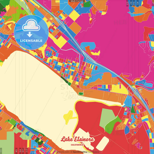 Lake Elsinore, California, United States Crazy Colorful Street Map Poster Template